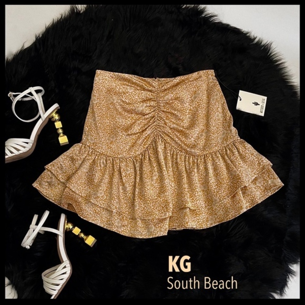 📌 Whitroom + Cactus Ruched Trendy Sexy Dull Mini Satin Skirt Ruffle Floral Print